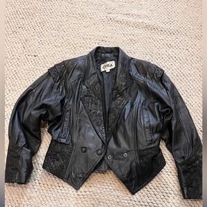 CHIA Vintage Black Leather Jacket Embossed Floral Patchwork Buckle Large